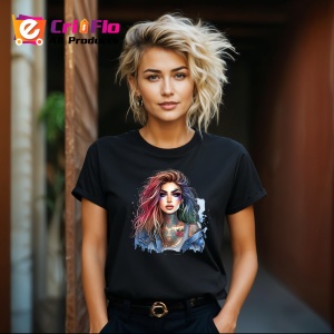 Tricou Intense look woman rainbow hair tattoo, femeie cu privire intensa si par curcubeu, Copii | Dama | Barbat , tricou negru - Img 8