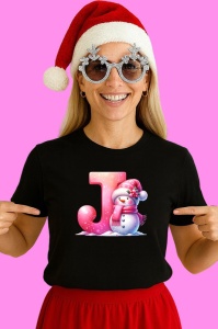 Tricou J Litera Craciun Roz Cu Om De Zapada Fulgi De Zapada, din bumbac 100% Copii | Dama | Barbat - Img 3