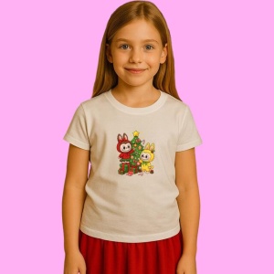 Tricou Labubu Cu Prieten Langa Brad Si Cadouri, din bumbac 100%, tricou alb, Copii | Dama | Barbat - Img 2