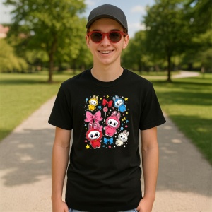 Tricou Labubu fete colorate, Unisex Dama si Barbat | Copii, Culoare Negru - Img 4