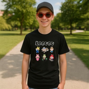 Tricou Labubu font alb, Unisex Dama si Barbat | Copii, Culoare Negru - Img 4