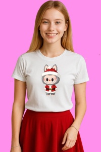 Tricou Labubu Gri Mos Craciun Cu Guler Pufos, din bumbac 100%, tricou alb, Copii | Dama | Barbat