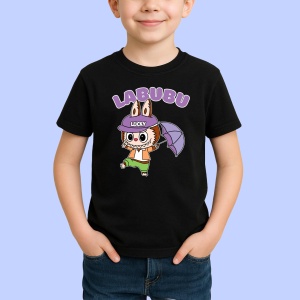 Tricou Labubu lucky umbrela, Unisex Dama si Barbat | Copii, Culoare Negru - Img 2