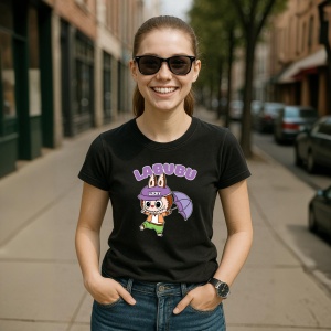Tricou Labubu lucky umbrela, Unisex Dama si Barbat | Copii, Culoare Negru - Img 5
