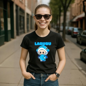 Tricou Labubu rechin albastru, Unisex Dama si Barbat | Copii, Culoare Negru - Img 5