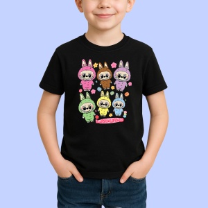 Tricou Labubu trio curcubeu, Unisex Dama si Barbat | Copii, Culoare Negru - Img 2