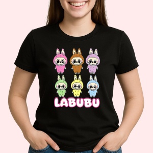 Tricou Labubu trio vertical, Unisex Dama si Barbat | Copii, Culoare Negru