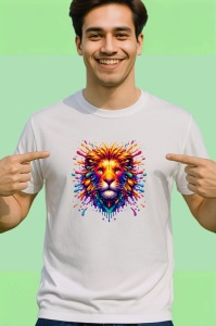 Tricou Leu artistic cu coama curcubeu fundal alb Copii | Dama | Barbat - Img 2