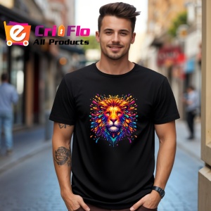 Tricou Leu artistic cu coama curcubeu fundal alb Copii | Dama | Barbat, culoare negru