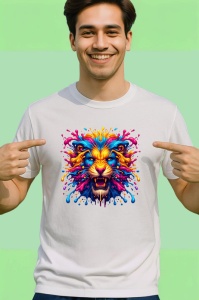 Tricou Leu auriu cu coama suflata de vant fundal alb Copii | Dama | Barbat - Img 2