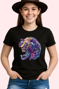 Tricou Leu cu coama colorata in vant fundal alb Copii | Dama | Barbat, culoare negru - Img 3
