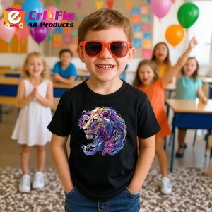 Tricou Leu cu coama colorata in vant fundal alb Copii | Dama | Barbat, culoare negru