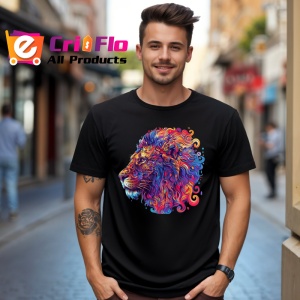 Tricou Leu in stil pictura digitala cu linii abstracte Copii | Dama | Barbat, culoare negru - Img 6