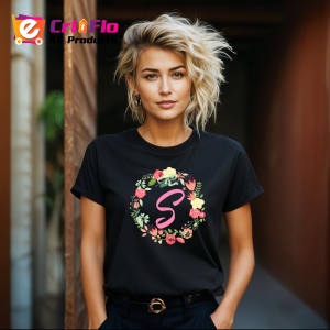 Tricou Litera S Colectia Flori Text Roz, din bumbac 100%, tricou negru, Dama | Barbat