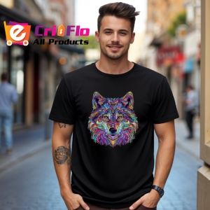 Tricou Lup artistic cu blana curcubeu si privire intensa Copii | Dama | Barbat, culoare negru - Img 6