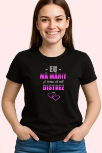 Tricou Ma Marit Distrez Inimi Roz, din bumbac 100%, tricou negru Dama - Img 2