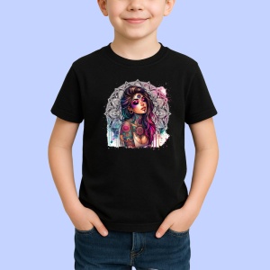Tricou Mandala girl color tattoo art, fata cu mandala si tatuaje colorate, Copii | Dama | Barbat , tricou negru - Img 2