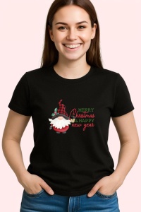 Tricou Merry Christmas Happy New Year Gnom, din bumbac 100%, tricou negru, Dama | Barbat - Img 3