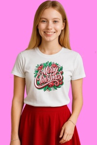 Tricou Merry Christmas Text Clasic Rosu, din bumbac 100%, tricou alb, Copii | Dama | Barbat