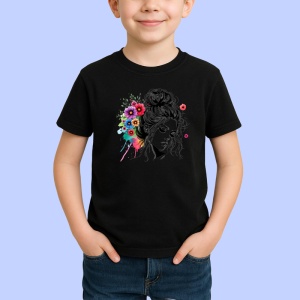 Tricou Messy bun girl color floral splash, fata coc lejer cu flori colorate, Copii | Dama | Barbat , tricou negru - Img 2