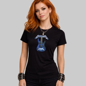 Tricou Metallica Ride The Lightning Chitara Albastra, din bumbac 100%, tricou negru, Dama | Barbat - Img 2