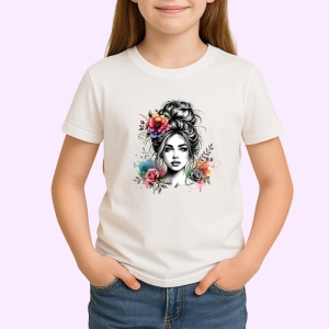 Tricou monochrome bun girl tattooed flowers, fata coc alb negru cu flori tatuate, Copii | Dama | Barbat - Img 3