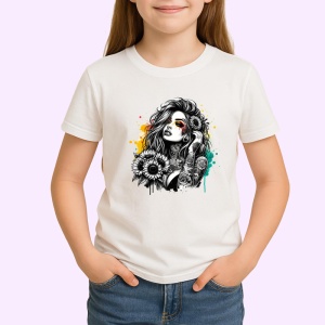 Tricou monochrome floral tattoo portrait, portret tatuat alb negru cu flori, Copii | Dama | Barbat - Img 3
