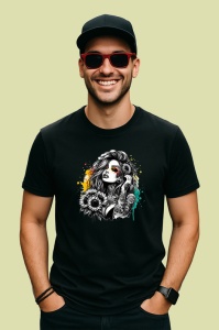 Tricou Monochrome floral tattoo portrait, portret tatuat alb negru cu flori, Copii | Dama | Barbat , tricou negru - Img 4
