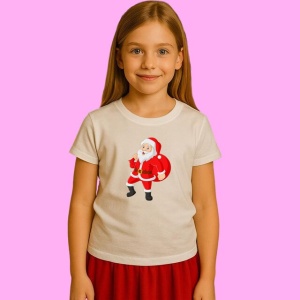 Tricou Mos Craciun Cu Sac Mare Pe Umar, din bumbac 100%, tricou alb, Copii | Dama | Barbat