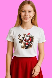 Tricou Mos Craciun Pe Ren Cool Cu Ochelari, din bumbac 100%, tricou alb, Copii | Dama | Barbat - Img 3