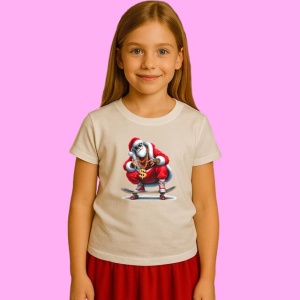 Tricou Mos Craciun Pe Skateboard Cu Lant Mare, din bumbac 100%, tricou alb, Copii | Dama | Barbat - Img 2