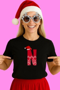 Tricou N Litera Rosie Cu Caciulita Si Inimioare Albe, din bumbac 100% Copii | Dama | Barbat - Img 2