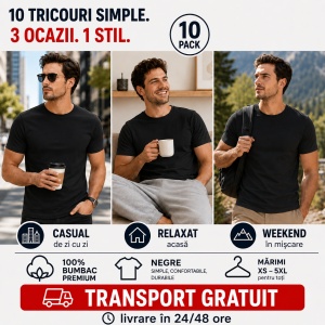Tricou negru clasic barbat Set 10 tricouri Negre din bumbac 100%, Perfecte pentru Orice Ocazie - Img 5