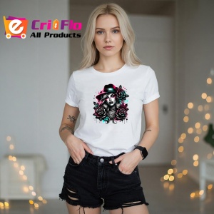 Tricou noir woman fedora hat rose tattoo, femeie stil noir cu palarie fedora si trandafiri, Copii | Dama | Barbat - Img 10