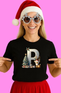 Tricou P Litere Craciun Cu Ren, Brad, Luminite Si Cadouri, din bumbac 100% Copii | Dama | Barbat