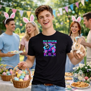 Tricou Paste 67 Bunny Six Seven Bruh Easter Meme, din bumbac 100%, tricou negru, Copii | Dama | Barbat - Img 7