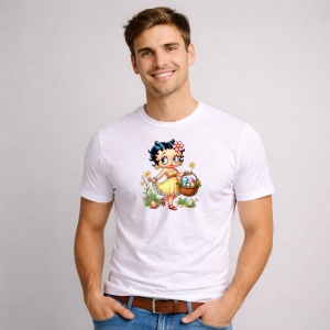 Tricou Paste Betty Boop Paste Cos Oua Colorate Flori, din bumbac 100%, tricou alb, Copii | Dama | Barbat - Img 2