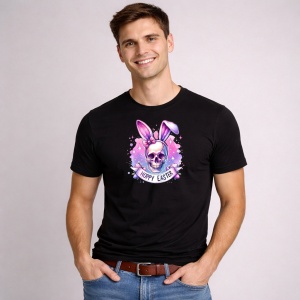 Tricou Paste Craniu Iepuras Happy Easter Pastel Gothic Cute, din bumbac 100%, tricou negru, Copii | Dama | Barbat - Img 3