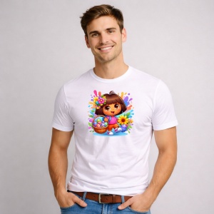 Tricou Paste Dora Explorer Paste Cos Oua Colorate Flori, din bumbac 100%, tricou alb, Copii | Dama | Barbat - Img 2