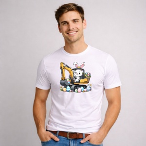 Tricou Paste Excavator Iepuras Paste Oua Colorate Santier, din bumbac 100%, tricou alb, Copii | Dama | Barbat - Img 2