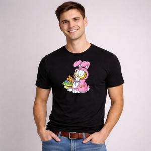 Tricou Paste Garfield Iepuras Paste Cos Oua Colorate, din bumbac 100%, tricou negru, Copii | Dama | Barbat - Img 3