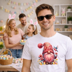 Tricou Paste Gnom Roz Pastel Cu Flori Si Pasare Decor, din bumbac 100%, tricou alb, Copii | Dama | Barbat - Img 7