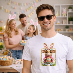 Tricou Paste Iepuras Cu Cos Oua Pastel Premium Cute, din bumbac 100%, tricou alb, Copii | Dama | Barbat - Img 7