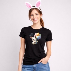 Tricou Paste Iepuras Paste Baloane Oua Colorate Happy Easter, din bumbac 100%, tricou negru, Copii | Dama | Barbat - Img 3