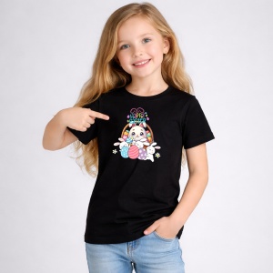 Tricou Paste Iepuras Paste Cos Oua Colorate Happy Easter Cute, din bumbac 100%, tricou negru, Copii | Dama | Barbat - Img 2