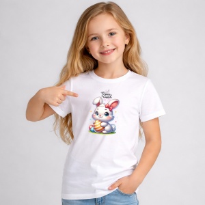 Tricou Paste Iepuras Paste Ou Colorat Simplu Kawaii, din bumbac 100%, tricou alb, Copii | Dama | Barbat - Img 2