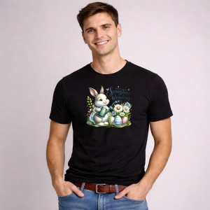 Tricou Paste Iepuras Paste Spring Wishes Flori Oua Colorate, din bumbac 100%, tricou negru, Copii | Dama | Barbat