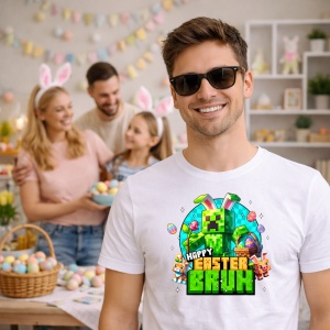 Tricou Paste Minecraft Happy Easter Bruh Pixel Gamer Oua, din bumbac 100%, tricou alb, Copii | Dama | Barbat - Img 7