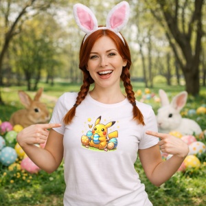 Tricou Paste Pikachu Paste Oua Colorate Iepuras Stelute, din bumbac 100%, tricou alb, Copii | Dama | Barbat - Img 9