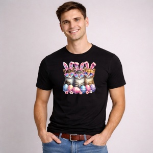 Tricou Paste Pisici Iepurasi Paste Oua Colorate Grup, din bumbac 100%, tricou negru, Copii | Dama | Barbat - Img 2